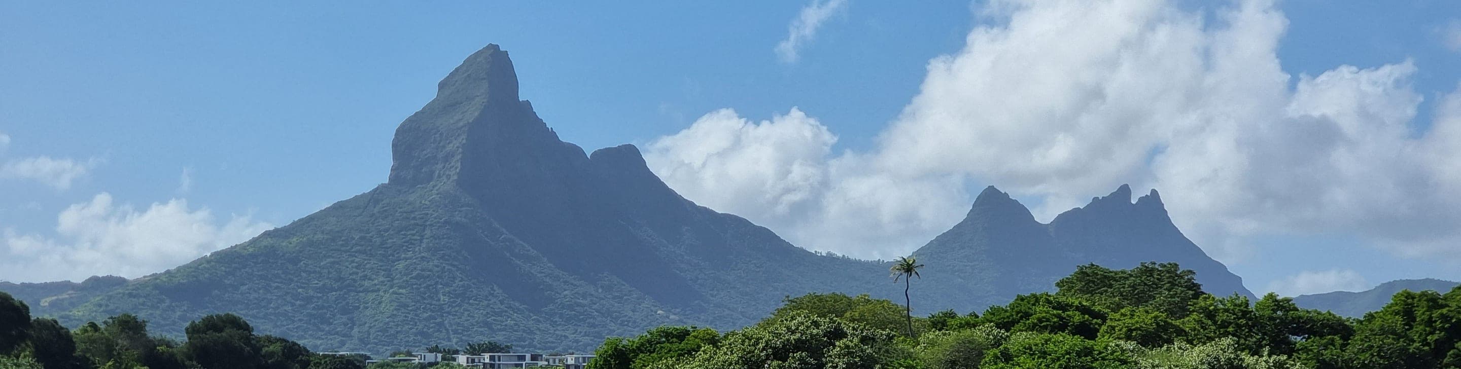 Jagged mountain peaks rising behind green trees and calm water under a blue sky with white clouds in Mauritius