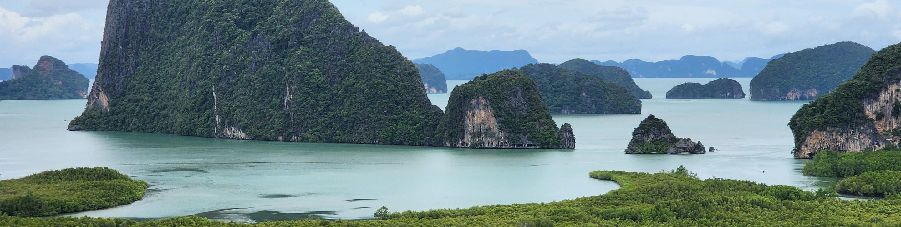 Limestone karst islands rising from a calm bay on the Thai coast